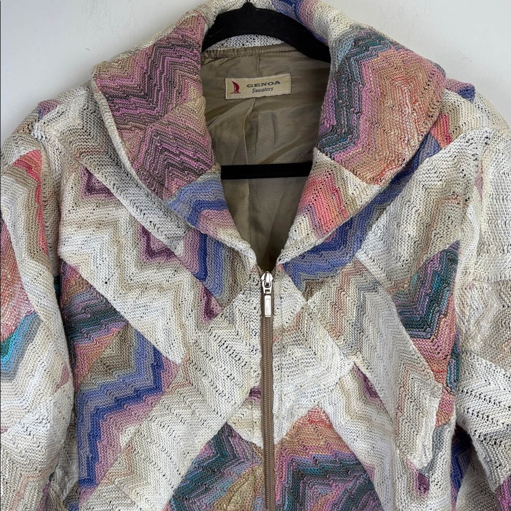 Vintage Genoa Sweaters Wool Blend Pastel Zigzag Patterned Jacket Sz large - Picture 3 of 14